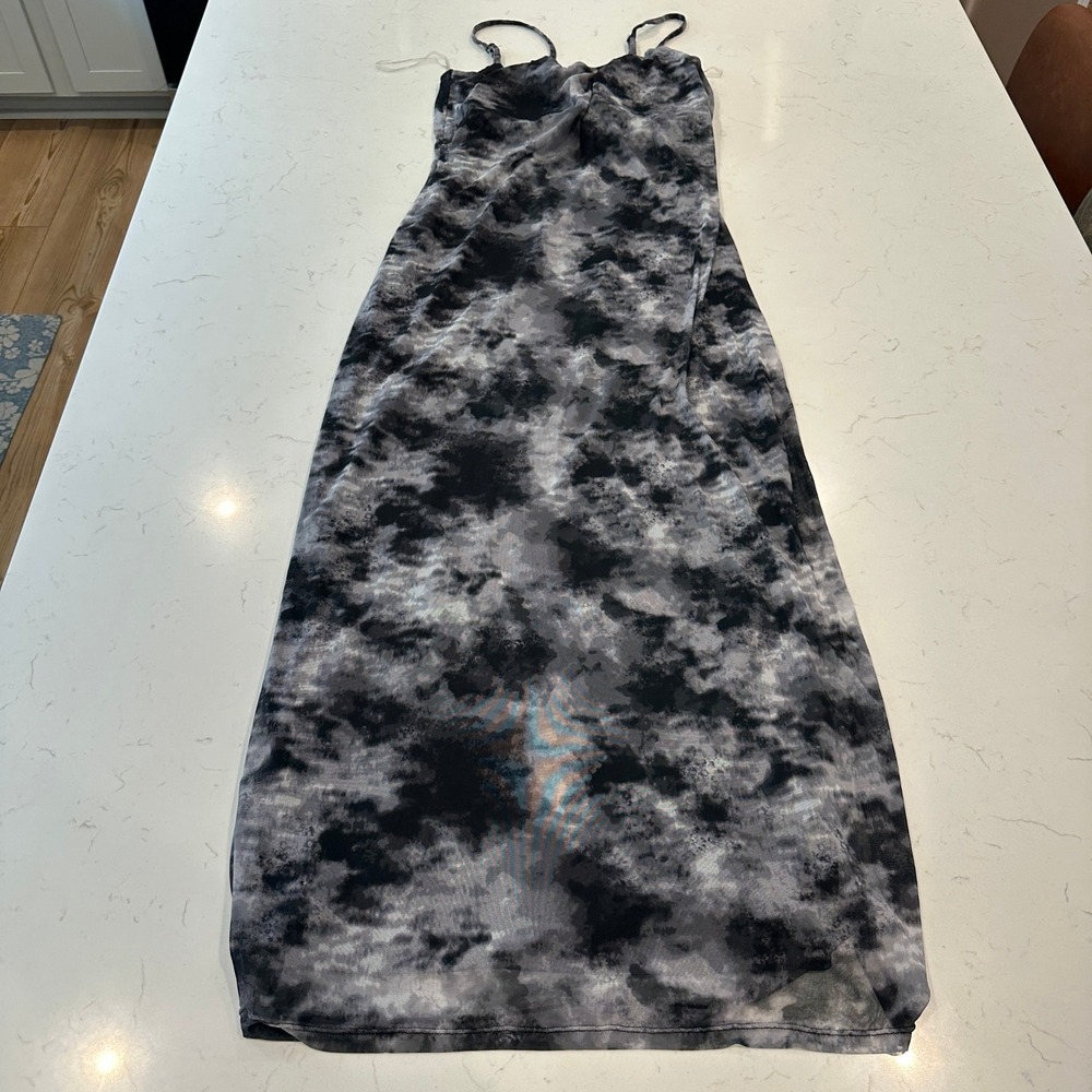No Boundaries Womens Mesh Maxi Dress L 12-14 Black Gray Tie Dye Sleeveless